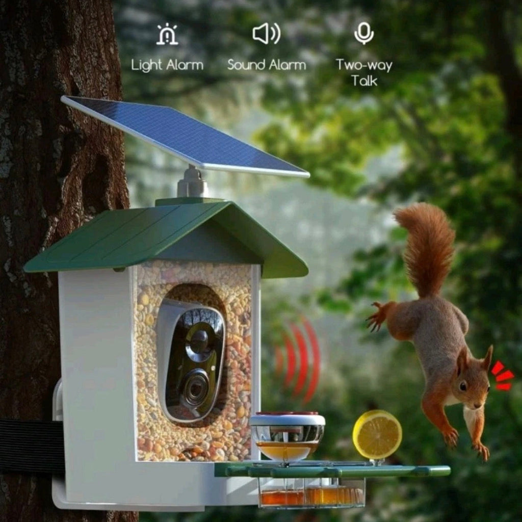 This smart bird feeder features an integrated AI-powered camera designed for wildlife observation and squirrel deterrence.
Key Features
 Deterrence System: Equipped with a built-in light alarm, sound alarm, and two-way talk speaker to scare off squirrels