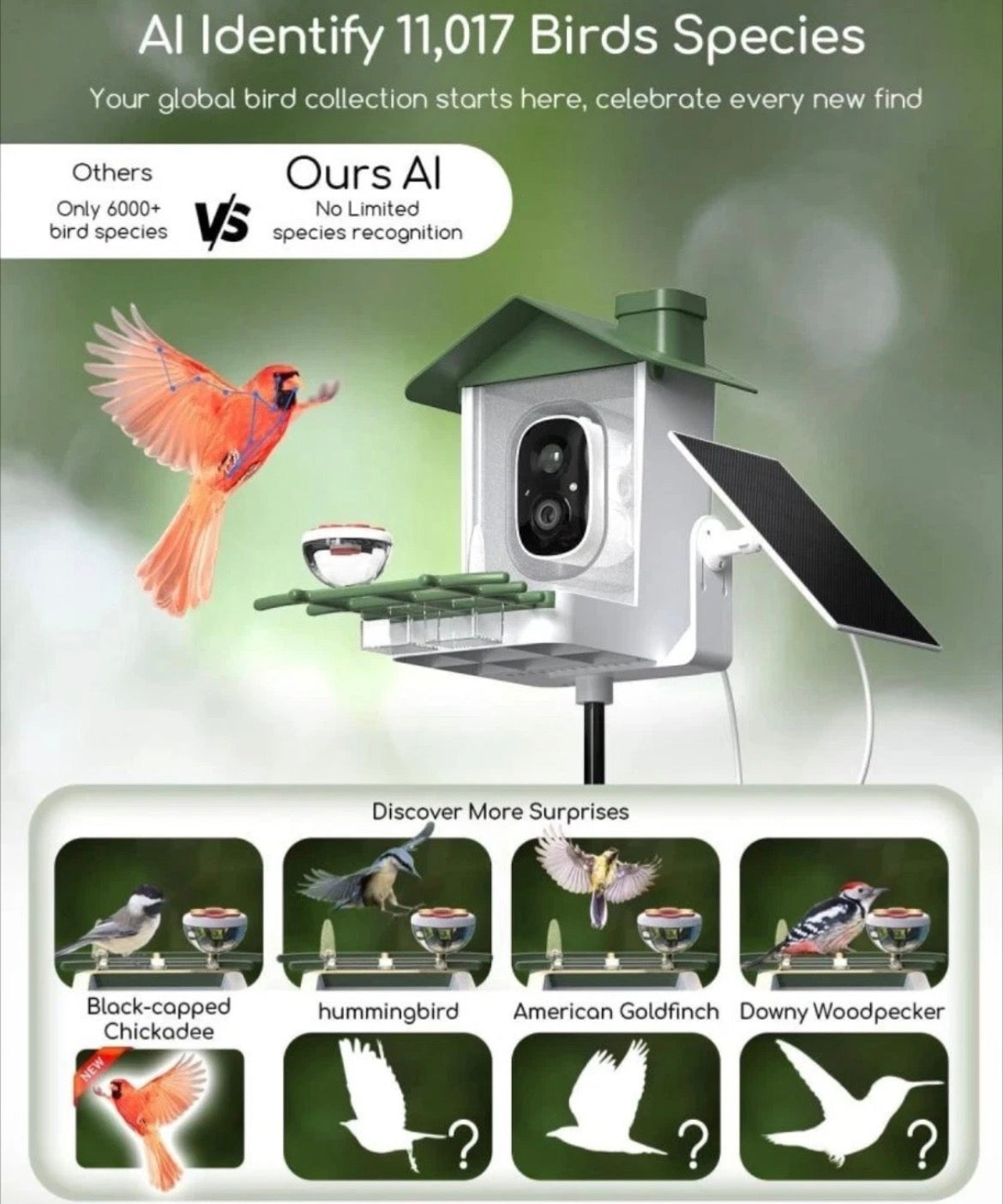 This smart bird feeder features an integrated AI-powered camera designed for wildlife observation and squirrel deterrence.
Key Features
 Deterrence System: Equipped with a built-in light alarm, sound alarm, and two-way talk speaker to scare off squirrels