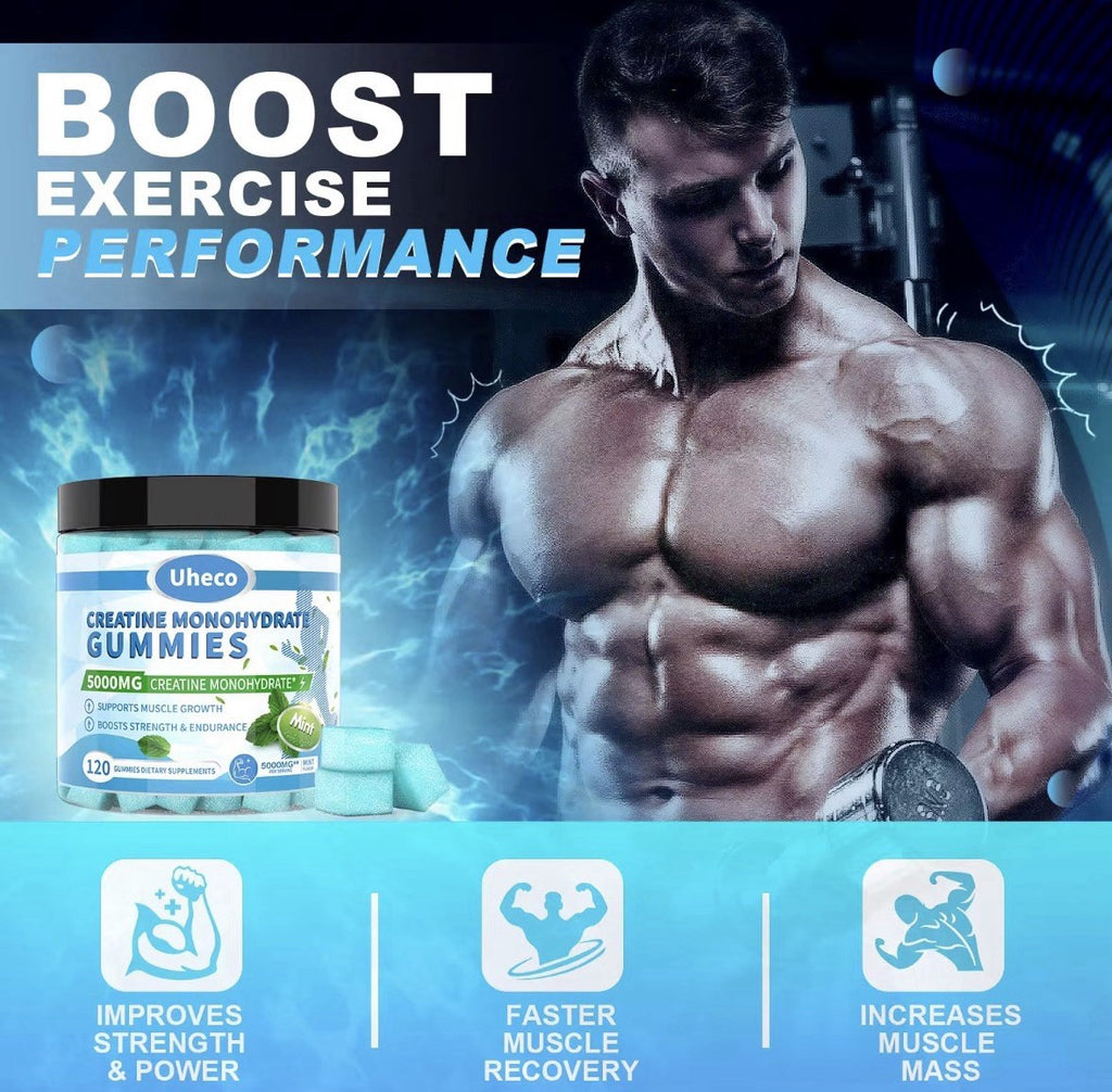 Uheco Creatine Monohydrate Gummies mint flavor shown with athletic figure