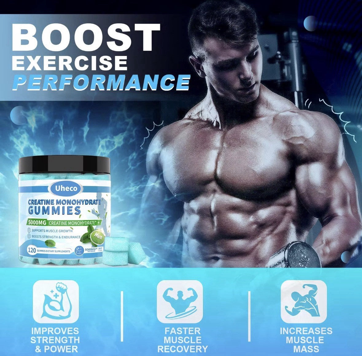 Uheco Creatine Monohydrate Gummies mint flavor shown with athletic figure