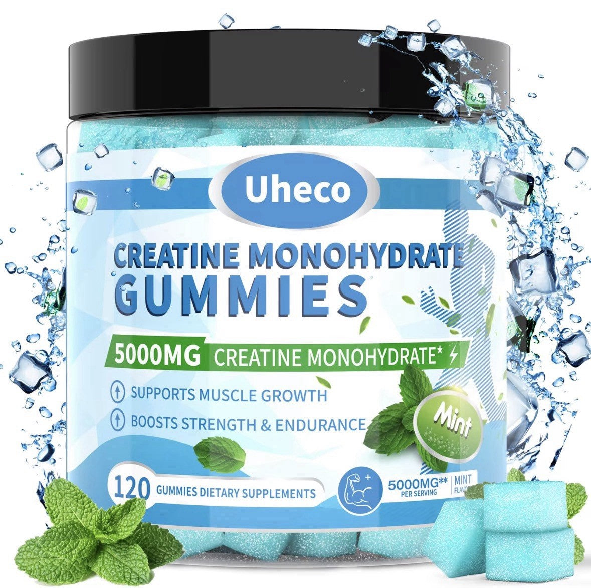 Uheco Creatine Monohydrate Gummies, 5000mg, mint flavor, sugar-free, gluten-free, in clear jar with label