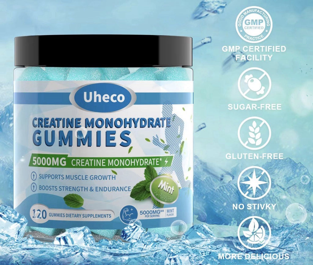 Uheco Creatine Monohydrate Gummies with black jar and white label